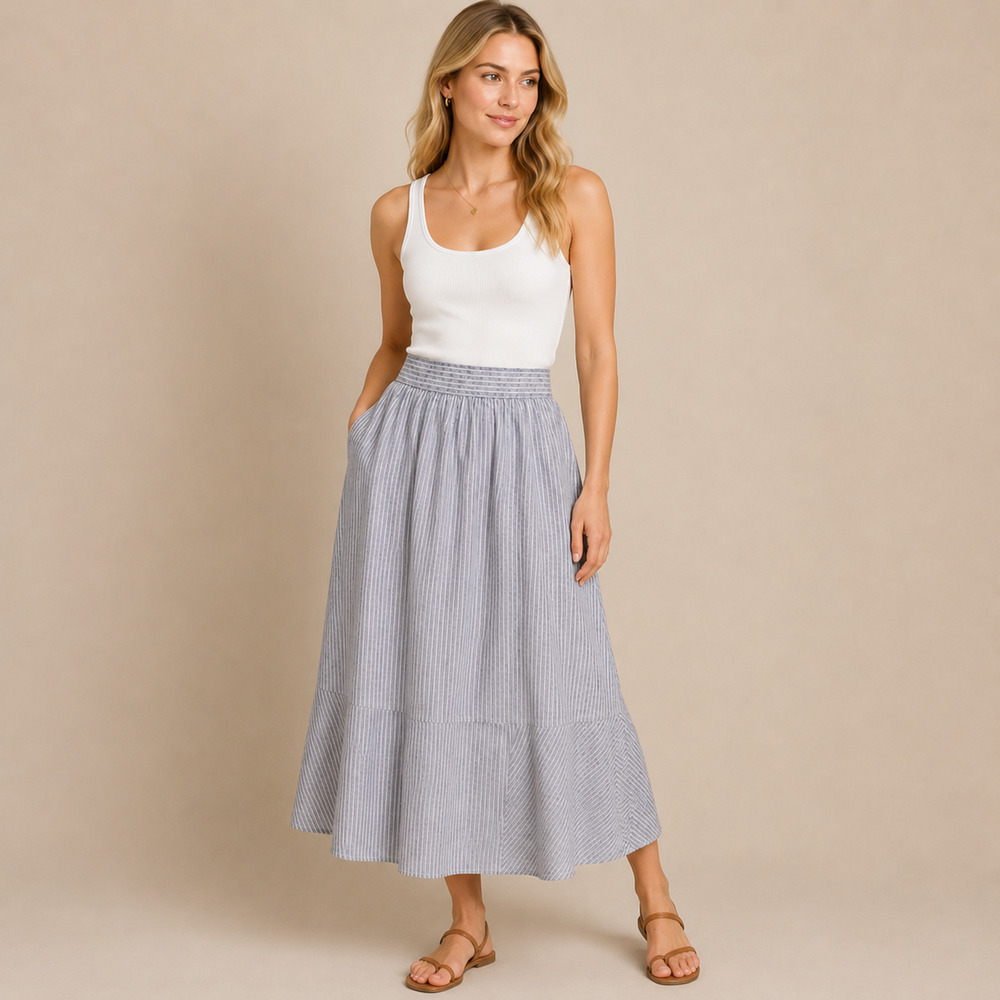 Poetry 100% Linen Striped Mélange Midi Skirt Blue White Women's US 4 UK 8